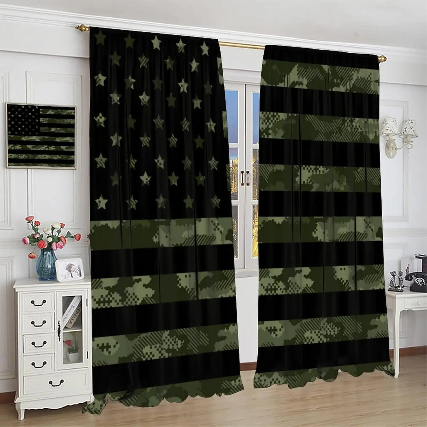 

Flag Blackout Curtains,Rustic Green Camo Military Pattern USA Flag,Vintage Black Striped Star Flag Thermal Insulation Window