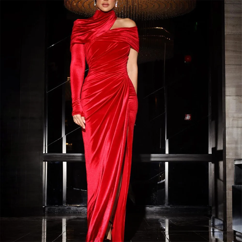 ROYET-Robe de Soirée Sirène à Manches sulfet Col Haut, Simple, Longueur au Sol, Fente Haute, Nouvelle Collection 2024