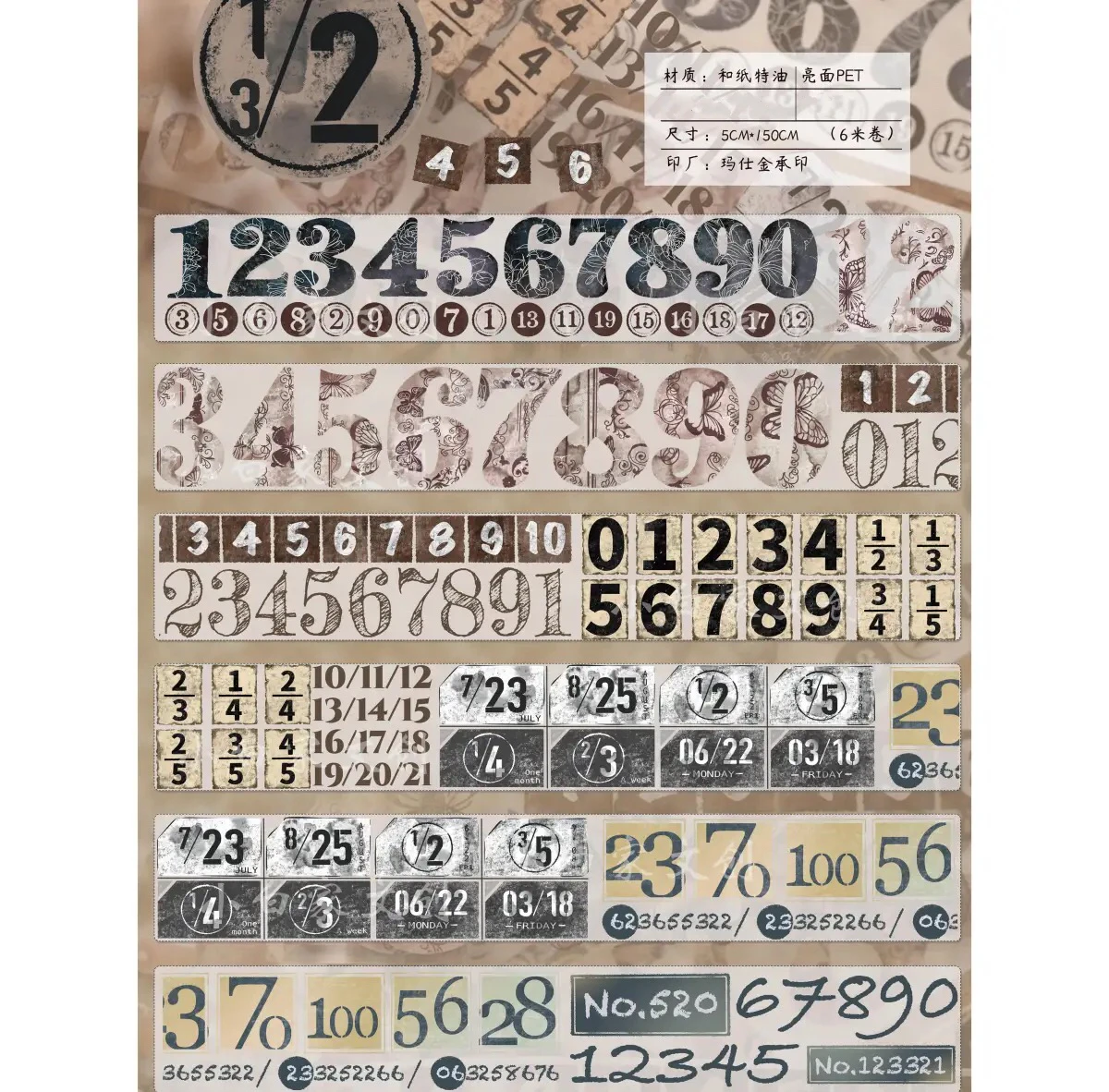 Vintage Retro numery Washi taśma PET na tworzenie kartek Planner DIY Scrapbooking Plan dekoracyjna naklejka