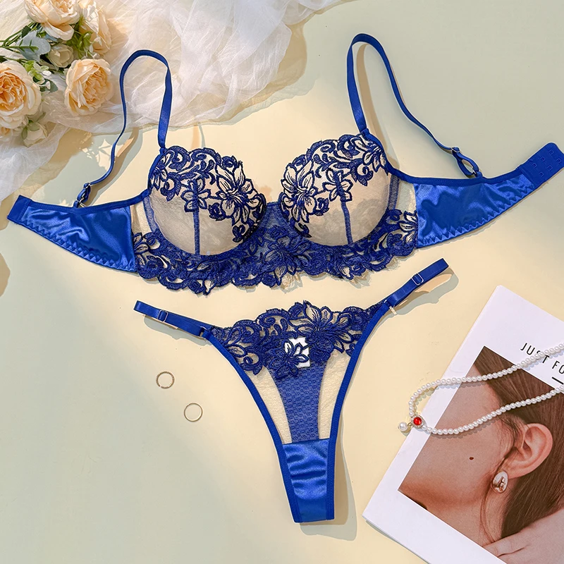 

Daring Lingerie for women Transparent Underwear Floral Embroidery Sexy Bra Set Pure Desire Tulle Underwear 3-Point Lingerie Set