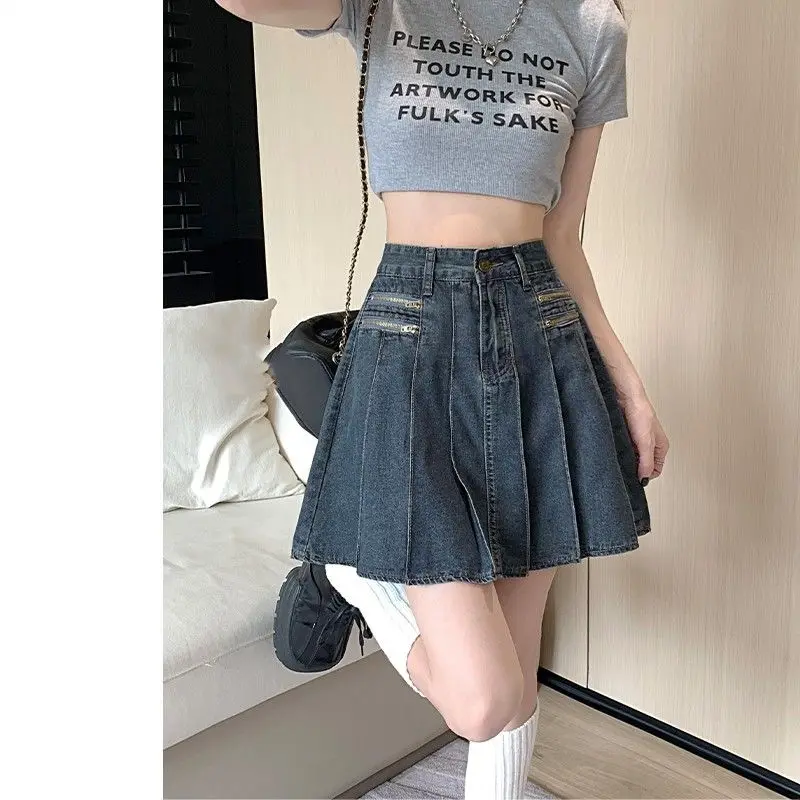 

Women's High Waist Pleated Denim Skirt Mini A Line Skirt With Zipper Detail
