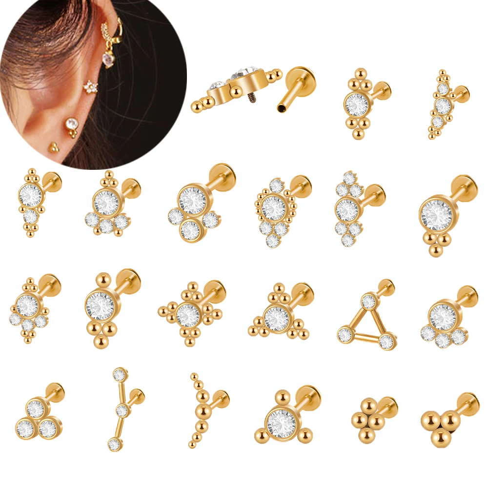 1PC Women Surgical Steel  Gold 16G Cz  Plated  Labret Lip Ring Crystal Cluster Ear Cartilage Tragus Helix Daith Piercing Jewelry