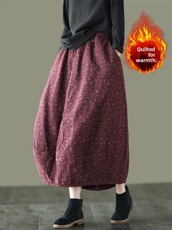 

Retro Floral Print Cotton Linen f Skirt Thi Warm Elastic Waist Slimming Midi A-Line Skirt for plus Size Women