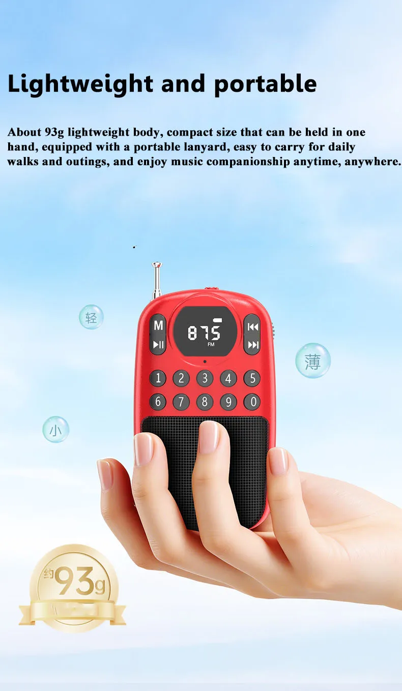 Mini Radio FM de Bolsillo, Receptor Digital Portátil con Pantalla HD, Altavoz Bluetooth Inalámbrico, Reproductor de Músi