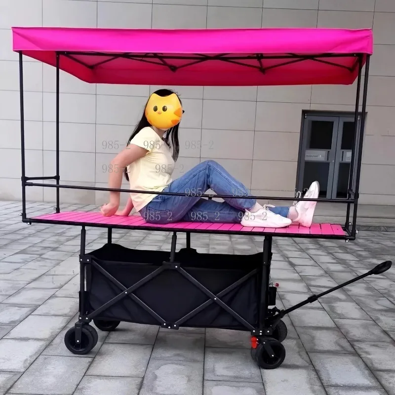 Large Foldable Table Stall Trolley, Lifting Design with Rainproof Awning for Outdoor Vending