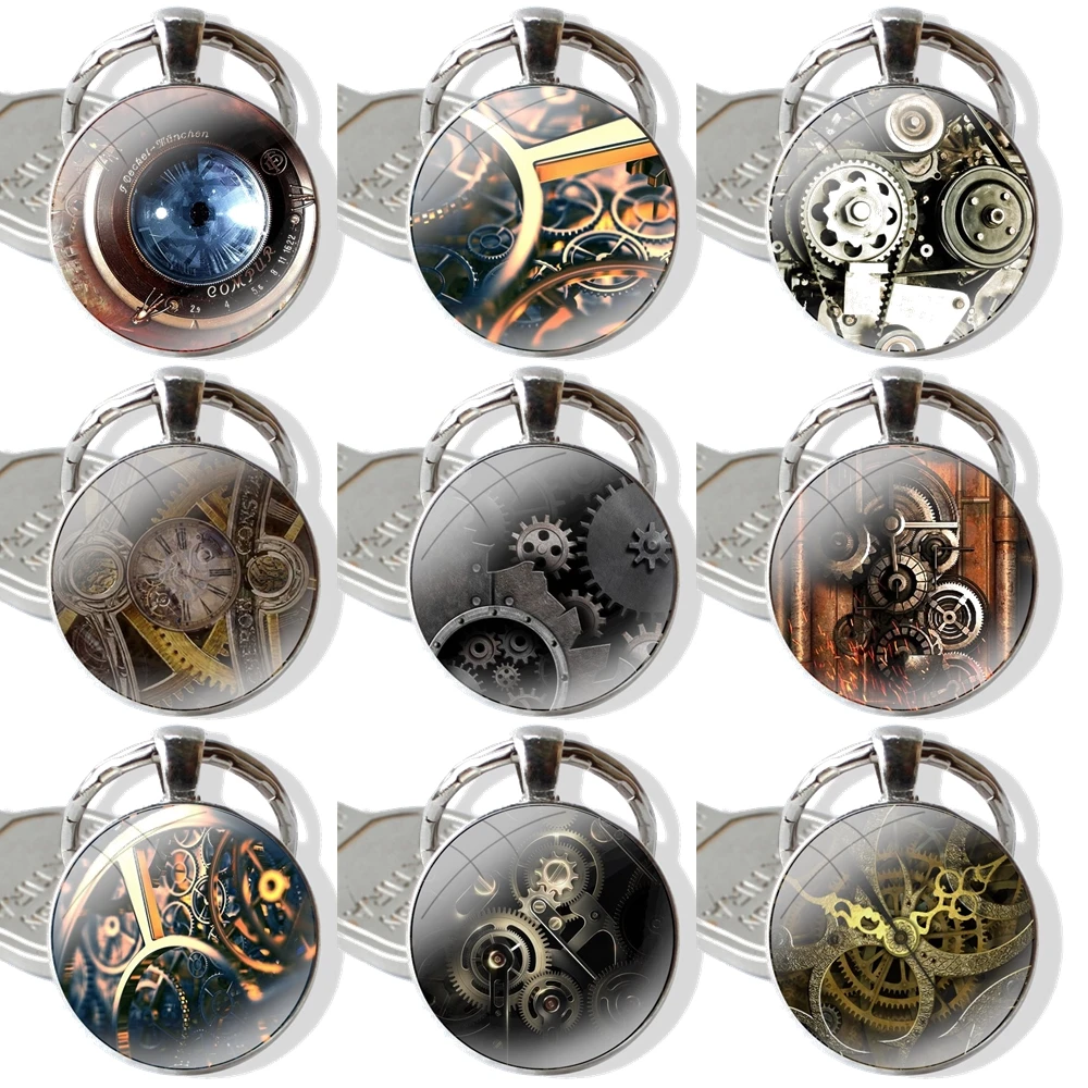 Steampunk Gear Mechanical 25mm Glass Cabohcon Keychain Key Rings for Women Men Jewelry Gift