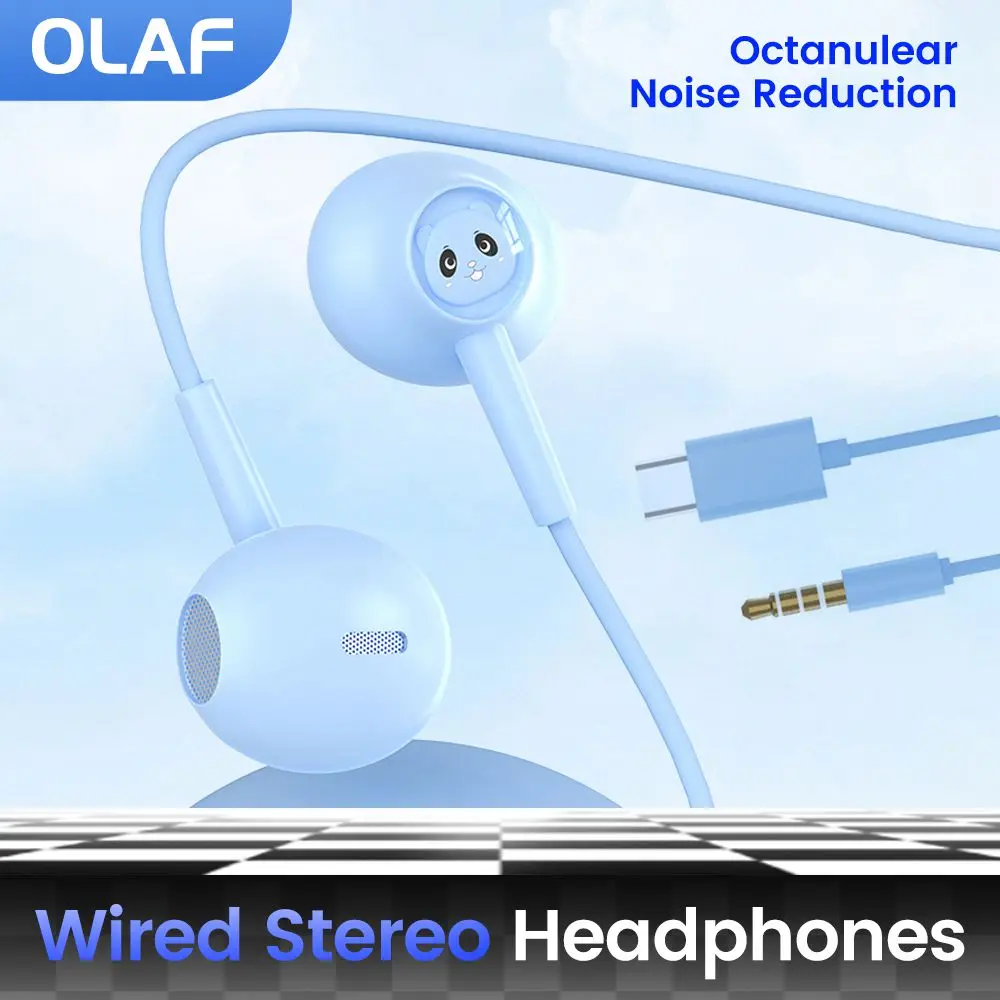 OLAF Cartoon Earphones Wire 3.5MM/Type c Wired Headohones Noise Reduction In-ear Headset IPX7 Waterproof Hifi Stereo Earbuds Mic