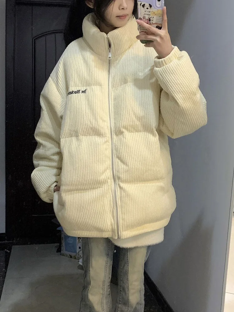 Винтажные вельветовые парки с надписью, женские пышные пальто с воротником-стойкой и длинными рукавами, свободная куртка в американском стиле ретро в консервативном стиле, новинка