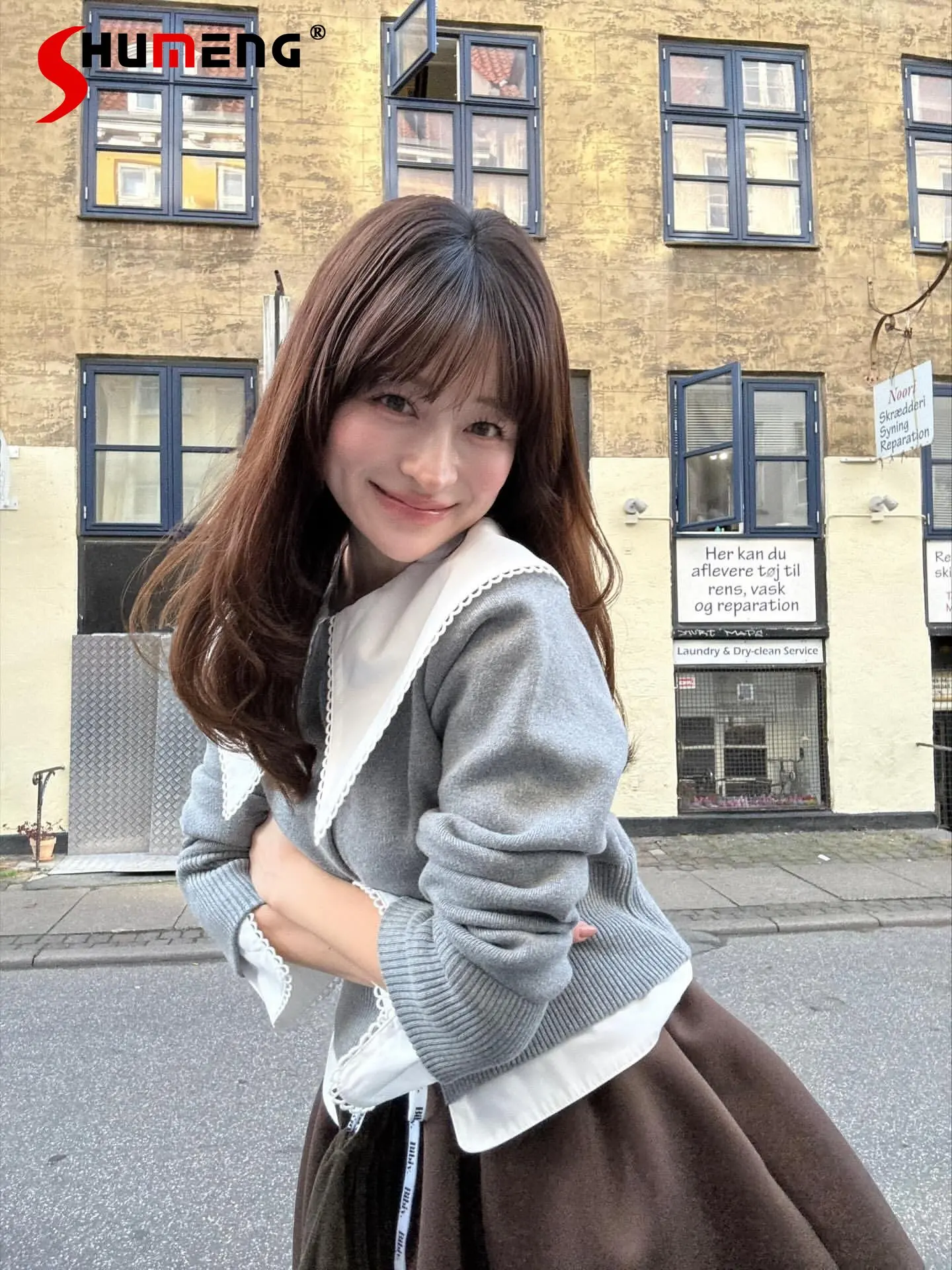 

Japanese Style Sweet Gray Knit Short Cardigan Women Slim Turn-Down Collar Fake Two-Piece Sweater Lady Daily Casual Knit Top 2026