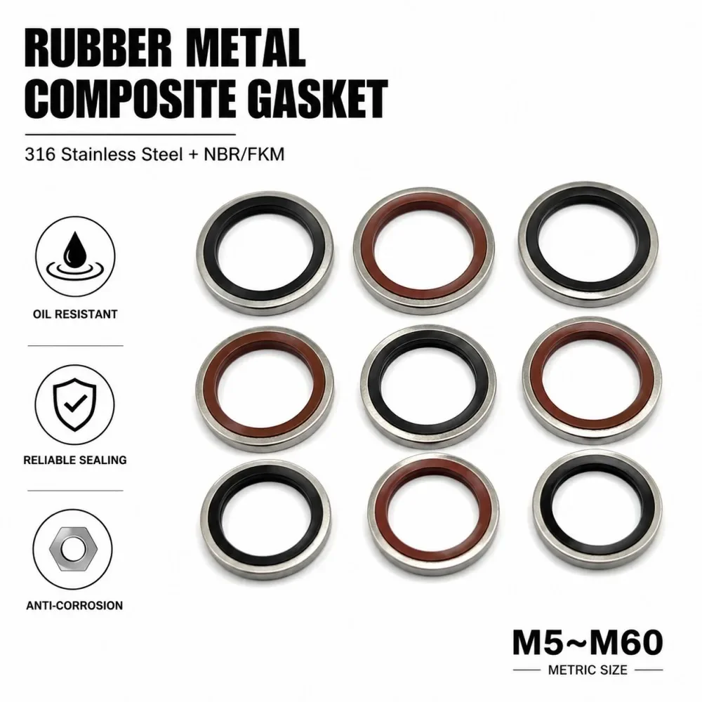 1/2/3/5/10Pcs NBR/FKM Composite Gasket 316 Stainless RubberOil Drain Plug Gasket Fit Combined Washer Sealing Ring M5-M60