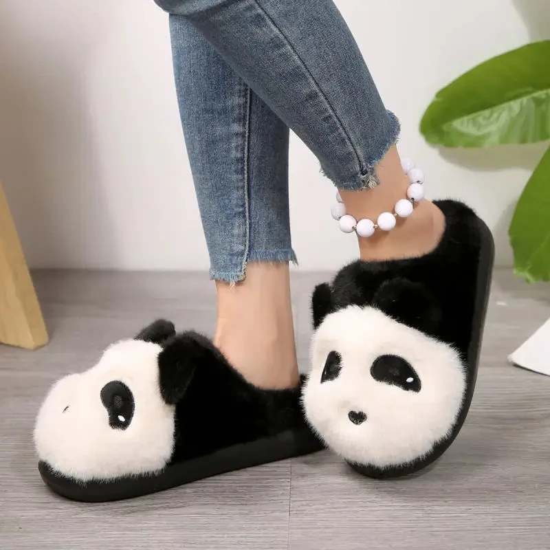 Cute Panda Fluffy Fur Slippers Shoes for Woman Warm Short Plush Flat Heel Home Comfort Non Slip House Slides Zapatos De Mujer