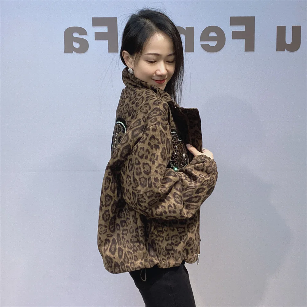 2025 Winter Cartoon Leopard Print Long Sleeve Jackets Coat For Woman Casual Zipper Oversized Tops Y2k Clothes Vestidos Outwears