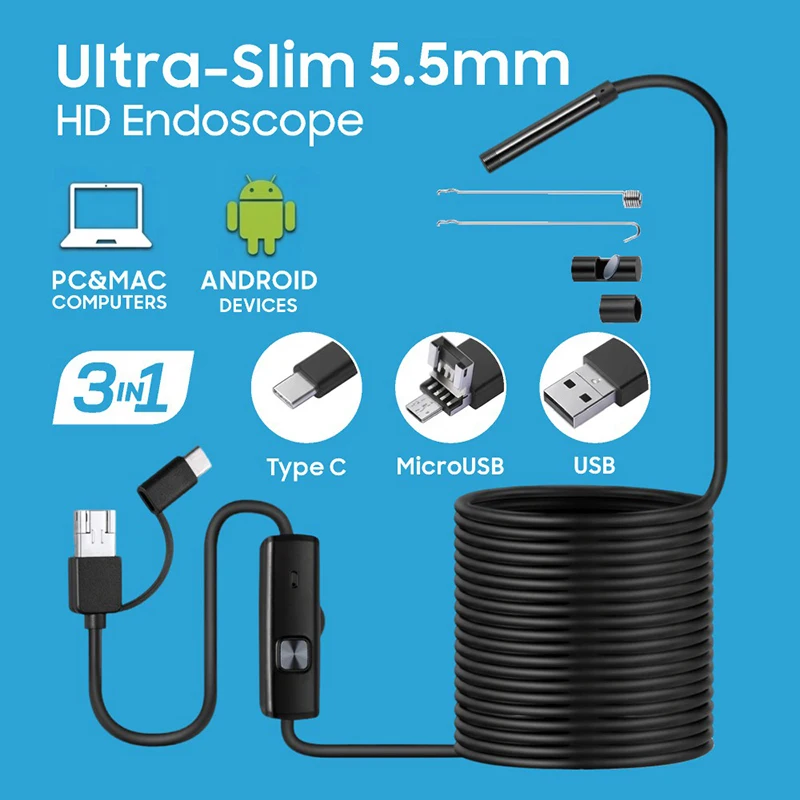 5.5MM Type-C USB MicroUSB Endoscope Camera with 6 Adjustable LEDs Android Flexible Inspection Borescope for Phone PC Car Sewer