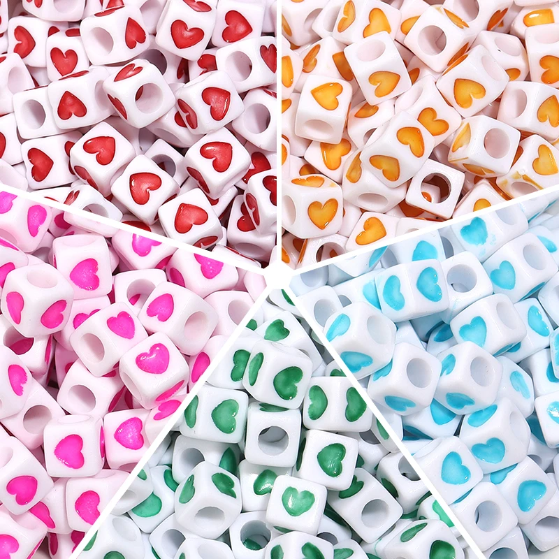 100Pcs/Lot Trendy Acrylic Square Heart Beads Large Hole Loose Spacer Beads Jewelry Handmade Bracelet Making Supplies