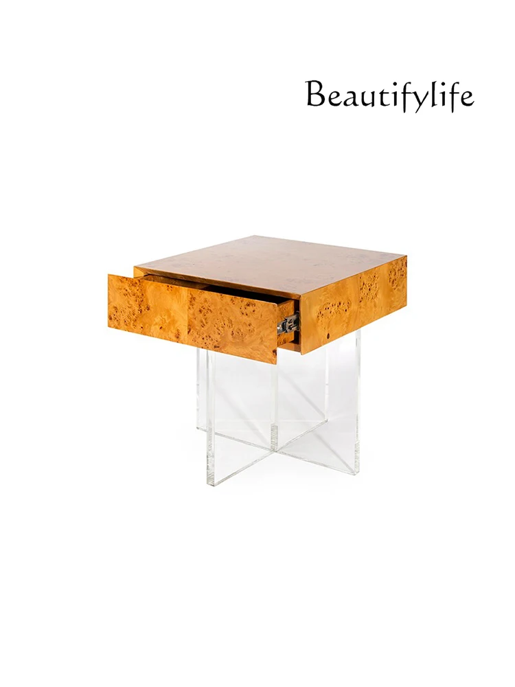 Light Luxury High Transparent Acrylic Living Room Sofa Side Table Natural Tree Tumor Wood Grain Bedside Chest of Drawer