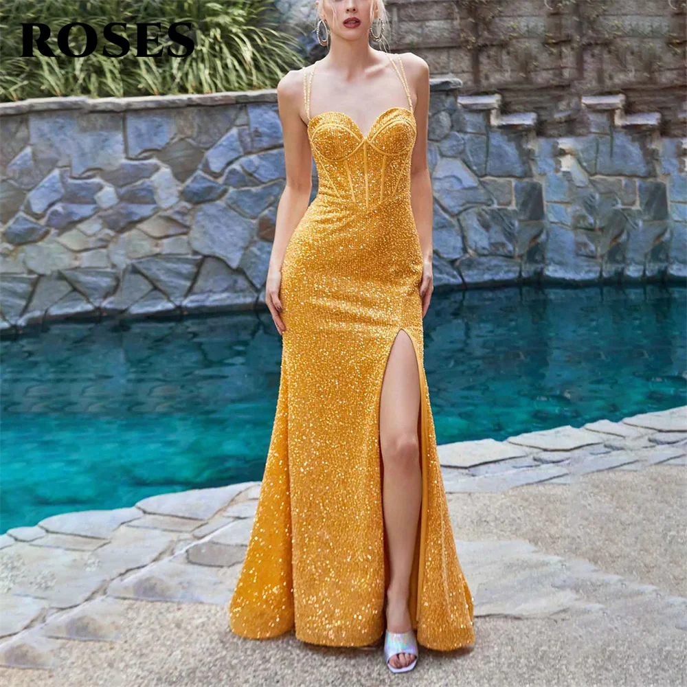 

ROSES Glitter Gold Prom Dresses Spaghetti Strap Sweetheart robes de soirée Side Split Evening Dress Lace Up Back Formal Dresses