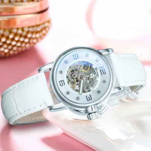 Imagen 2 del producto WINNER-reloj mecánico automático con esqueleto helado para mujer, manecillas luminosas, relojes elegantes para mujer, correa de cuero blanco