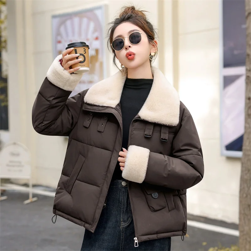 New Fashion Small Fragrance Cotton Padded Jacket Women Lamb Wool Lapel Down Cotton Jacket Lady Winter Coat Female Outerwear