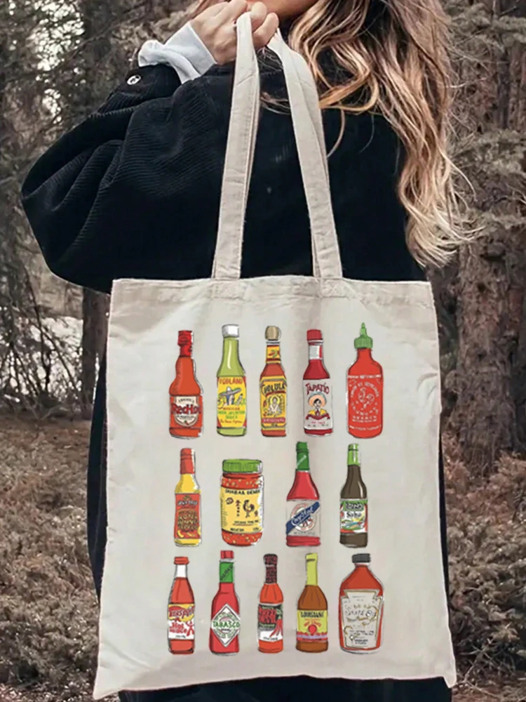 1pc Vintage Hot Sauce Pattern Tote Bag Cute Shopping Bag Carrier Bag Casual Canvas Shoulder Bag Handbag & Shopping Gift Bag