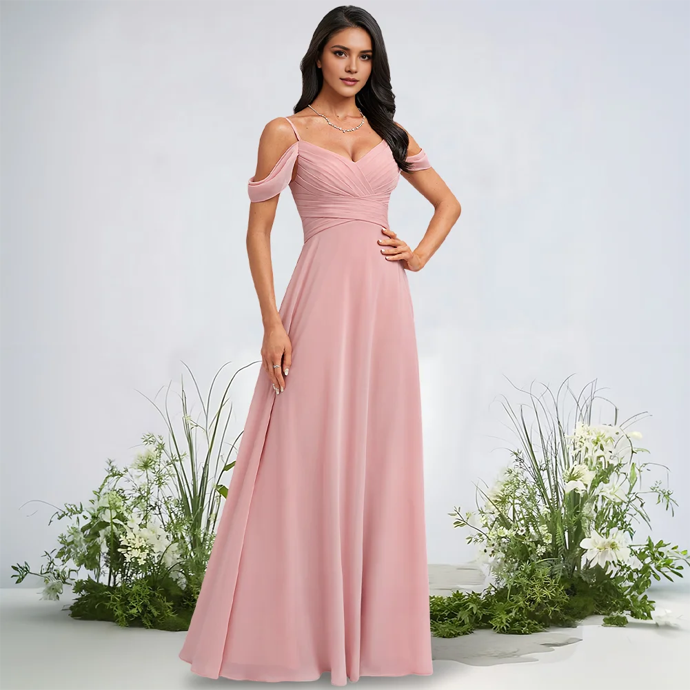 

Elegant Lavender Bridesmaid Dresses Wedding A-Line Cold Shoulder Floor-Length Chiffon Gowns Cocktail Guest Evening Party Dress