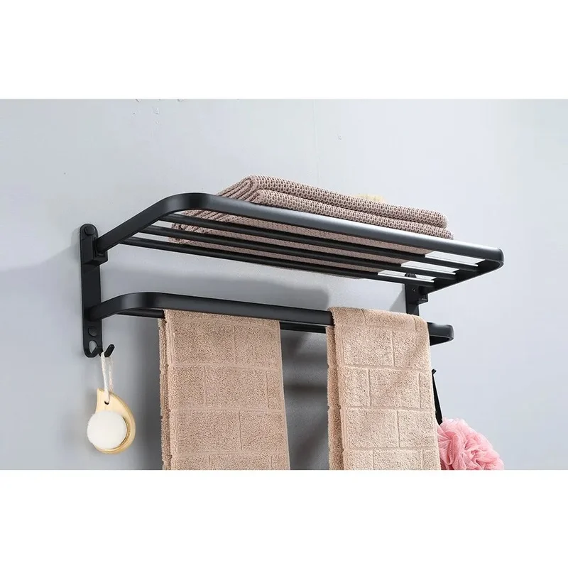 50cm Foldable Aluminum Towel Rack, Matte Black Wall Mount Towel Holder with Hooks, Bathroom Storage Organizer