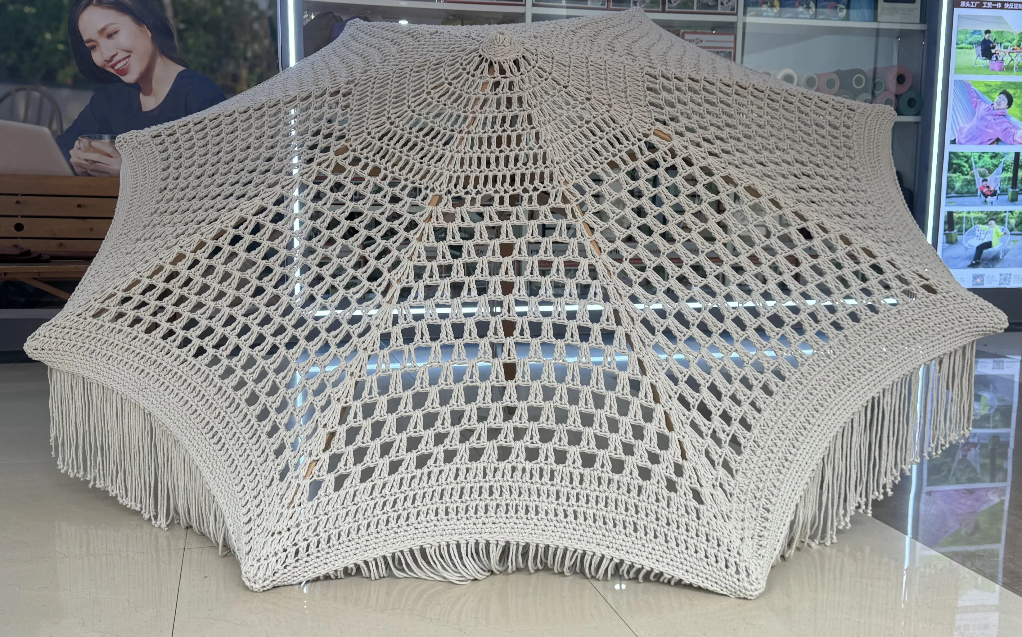 Diameter 2.5m Parasol with Macrame Ropes Handmade Crochet Wooden Cotton Tassels Open Fringe Hotels Patio Umbrella Outdoor