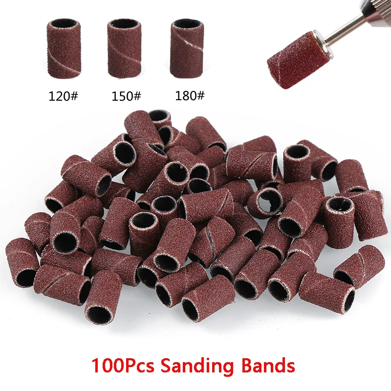 

UMECOLOR 100pcs 80# 120# 150# Mounted Cylindrical Grinding Heads Abrasive Sleeves Sanding Bands For Nail Drill Manicure Tools