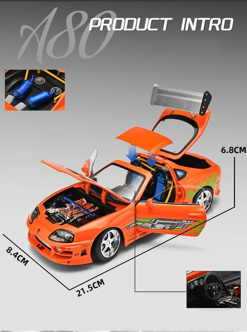 1:24 Brian Supra A80 JDM Supercar Alloy Car Model Sound and Light Pull Back Car Model Collectibles Birthday Gift