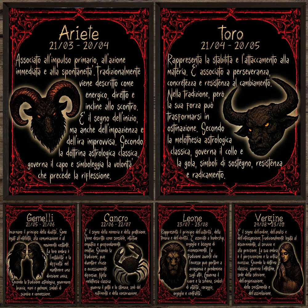 

Vintage Gothic Zodiac Canvas Print,Italian Astrology Sign Wall Art,12 Constellation Poster,Unique Gift For Astrology & Mysticism