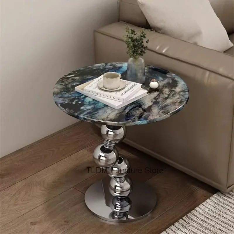Modern Luxury Round Side Table Marble Pattern Tabletop Chrome Metal Ball Base Stylish Accent Table for Living Room Home Decor