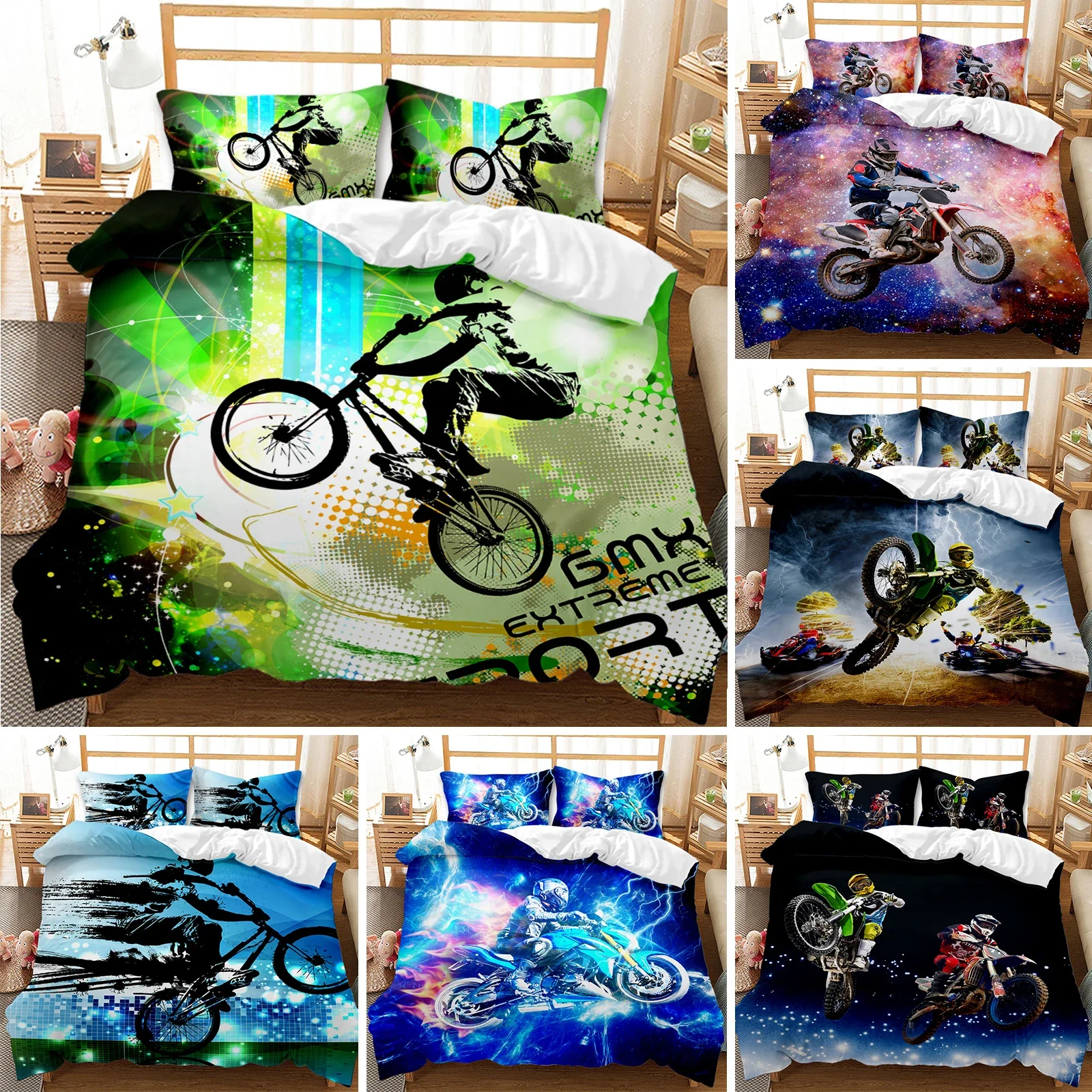 

Motocross Rider Bedding Set Extreme Sports Theme Duvet Cover Teens Motorcycle Comforter Cover Dirt Bike Polyester Quilt Cover