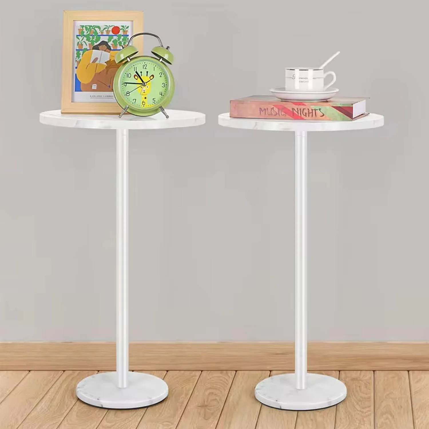 

Set of 2 White Round Side Tables - Modern Accent Pedestal Drink Tables with Marble Base for Small Spaces, Living Room, Bedroom,