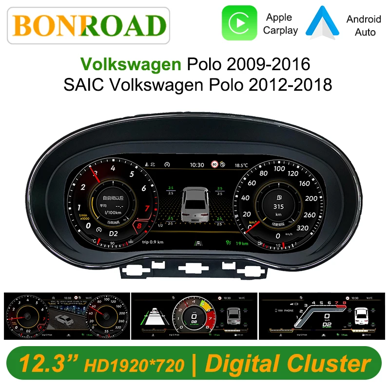 Bonroad 12,3-Zoll-LCD-Digital-Kombiinstrument für Volkswagen Polo 6R 2009-2016, virtuelles Cockpit, Tachometer