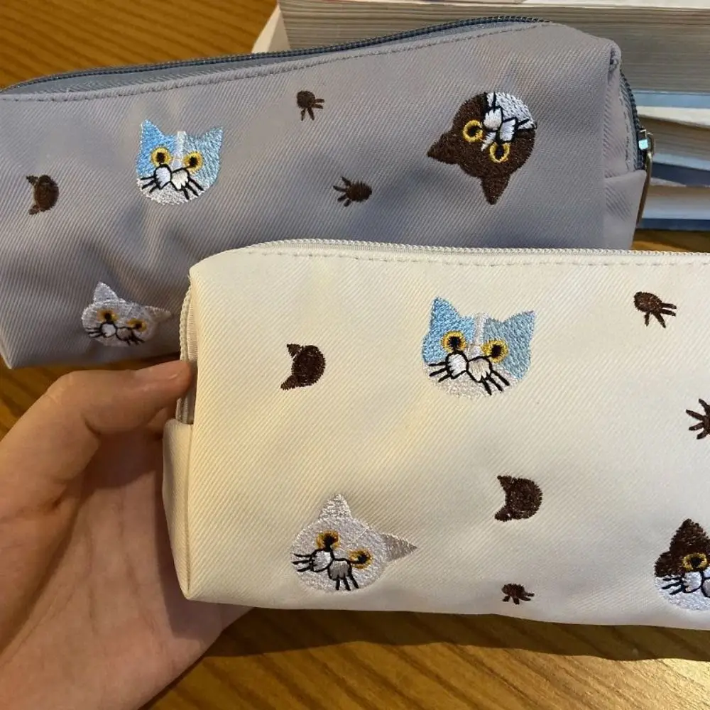 Cute Cat Embroidery Pencil Case Portable Large Capacity Stationery Bag For School Students Makeup Storage Bag