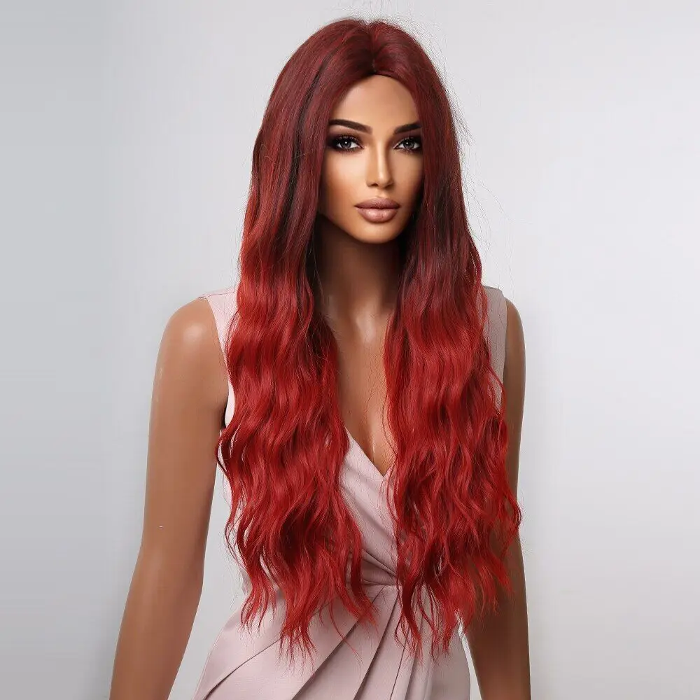 Wig merah anggur Ombre sintetis panjang bergelombang untuk wanita hitam alami