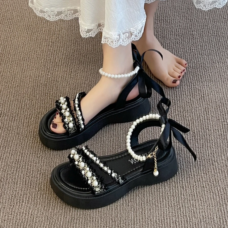 Women\'s Sandals Summer New Thick Bottom Round Head Open Toe Pearl Buckle Sandals Casual Fashion Soft Sole Non-slip Sandals