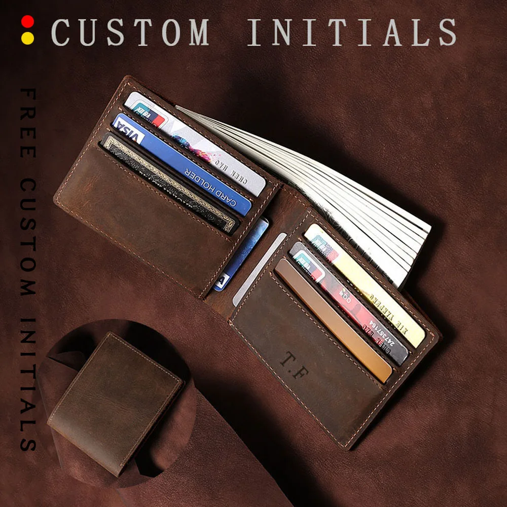 

Free Custom First Letter Retro Crazy Horse Leather Wallet Ultra-thin Leather Coin Wallet Fashionable Men's Short Money Set 2025