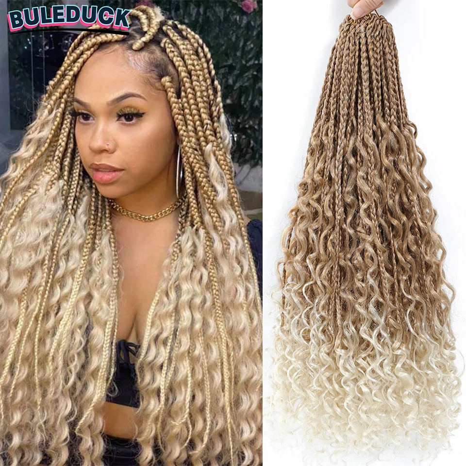 Godin Box Braids 20 Inch Pre-looped Boheemse Gehaakte Boho Box Braids Met Krullende Uiteinden Synthetisch Vlechthaar 16 Strengen