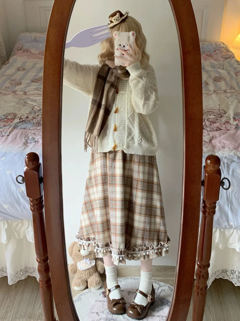 

Skirts Women Autumn Winter Young Girls Plaid Comfortable Ins Korean Style Cotton Breathable Mid-length High Waist A-line Casual