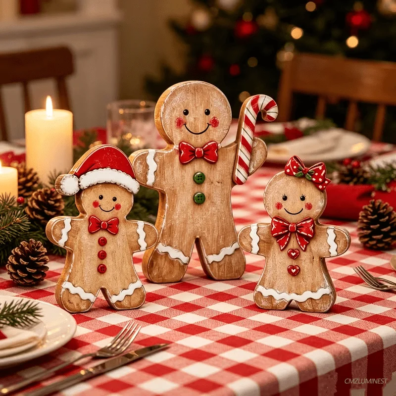 Rustic Faux Wood Tiered Tray Christmas Decor, Gingerbread Man Candy Cane Tabletop Ornament