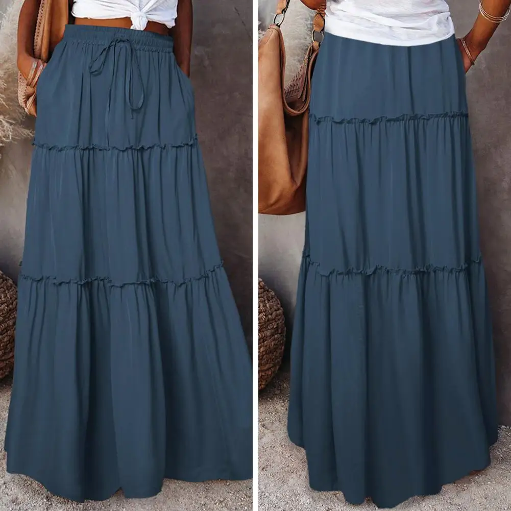 Women Maxi Skirt Elegant Women's High Waist Maxi Skirt with Ruffle Stitching for Holiday Parties Streetwear Fashion Solid Color