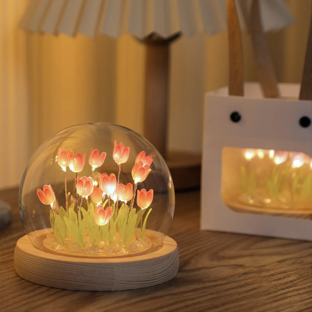 10PCS Tulip Night Light DIY Material Handmade Gift Battery Operated Beautiful LED Nightlight Wooden Base And Dome Glass Shade