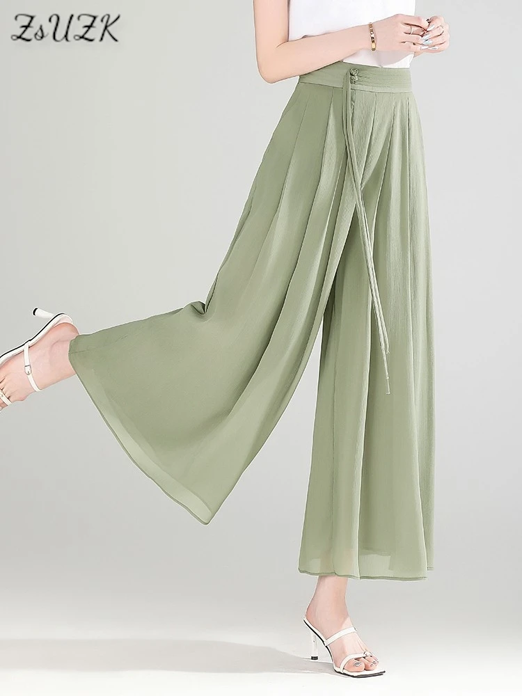 

ZUZK Summer Cool Chiffion Pants Elastic Waist Wide Leg Pants Women Fashion Lady Double Layer Chiffon Pants Chic Droop Long Pants