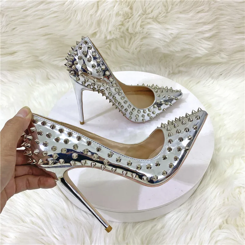 Keshangjia Silvery Bright light Women Full Punk Rivets Pointed Toe High Heels Sexy Ladies Spikes Stilettos Pumps WomanClub Party