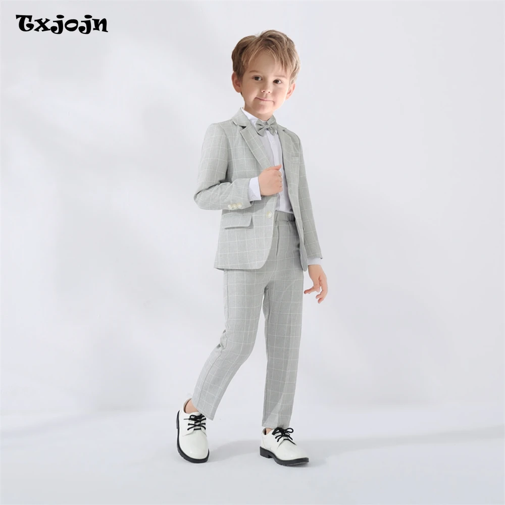 New Boys Slim Fit Suit 3 Pieces Blazer Pants Bow-tie For Piano Contest Performance Comfortable Gray Suits Set Kids Wedding Set