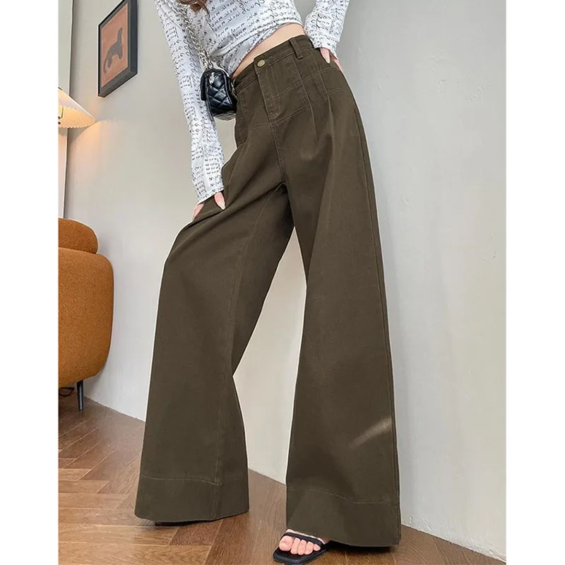 Women Fashion High Waist Jeans American Female Solid Color Pear Shaped Denim Pants Autumn Ladies Casual Wide Leg Cowboy Trousers
