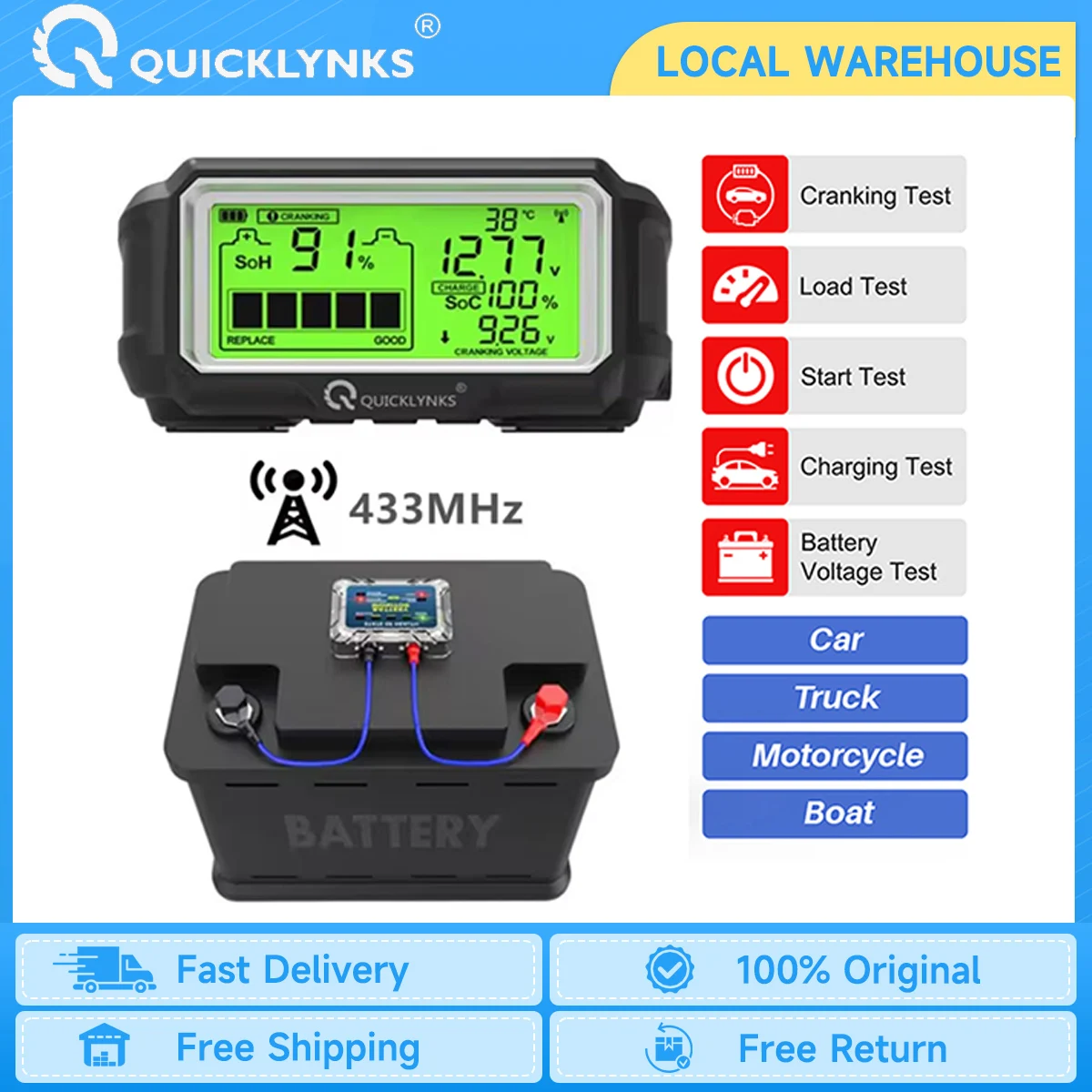 QUICKLYNKS BM5-D LED Battery Tester 12V Battery Monitor Display Battery Health SOH SOC Tester Analyzer Charging Tester Tool