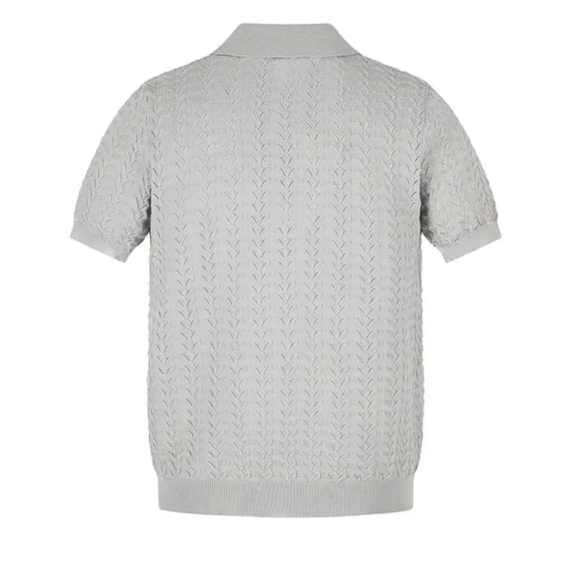 Grey Old Money Style Breathable Turn Down Collar Men's T-shirt Knit Short Sleeve Casual Summer Loose Pullover Top SKDD