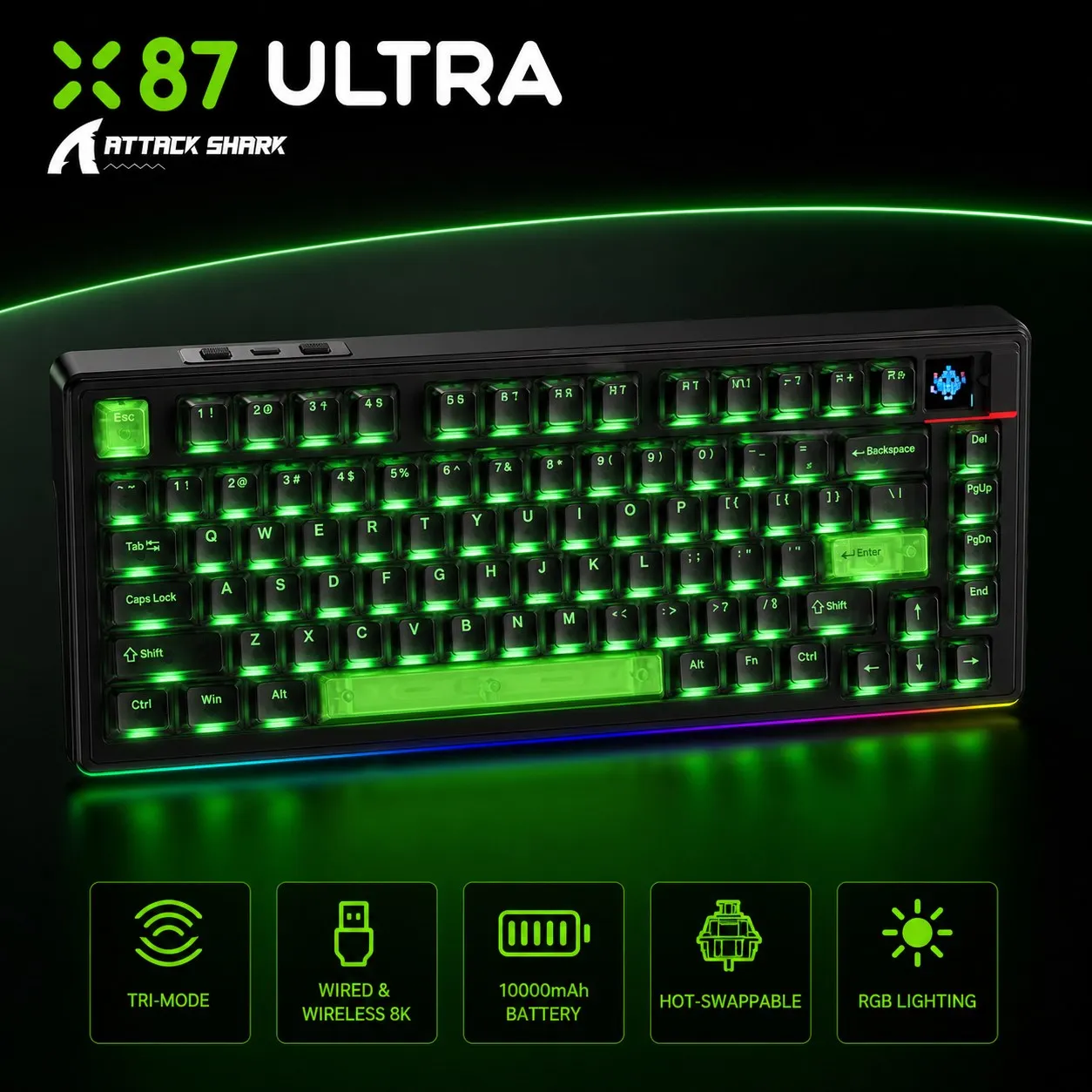 ATTACK SHARK X87 ULTRA Wireless Gaming Keyboard, Up to 8000Hz Wired/2.4GHz, Matrix Display