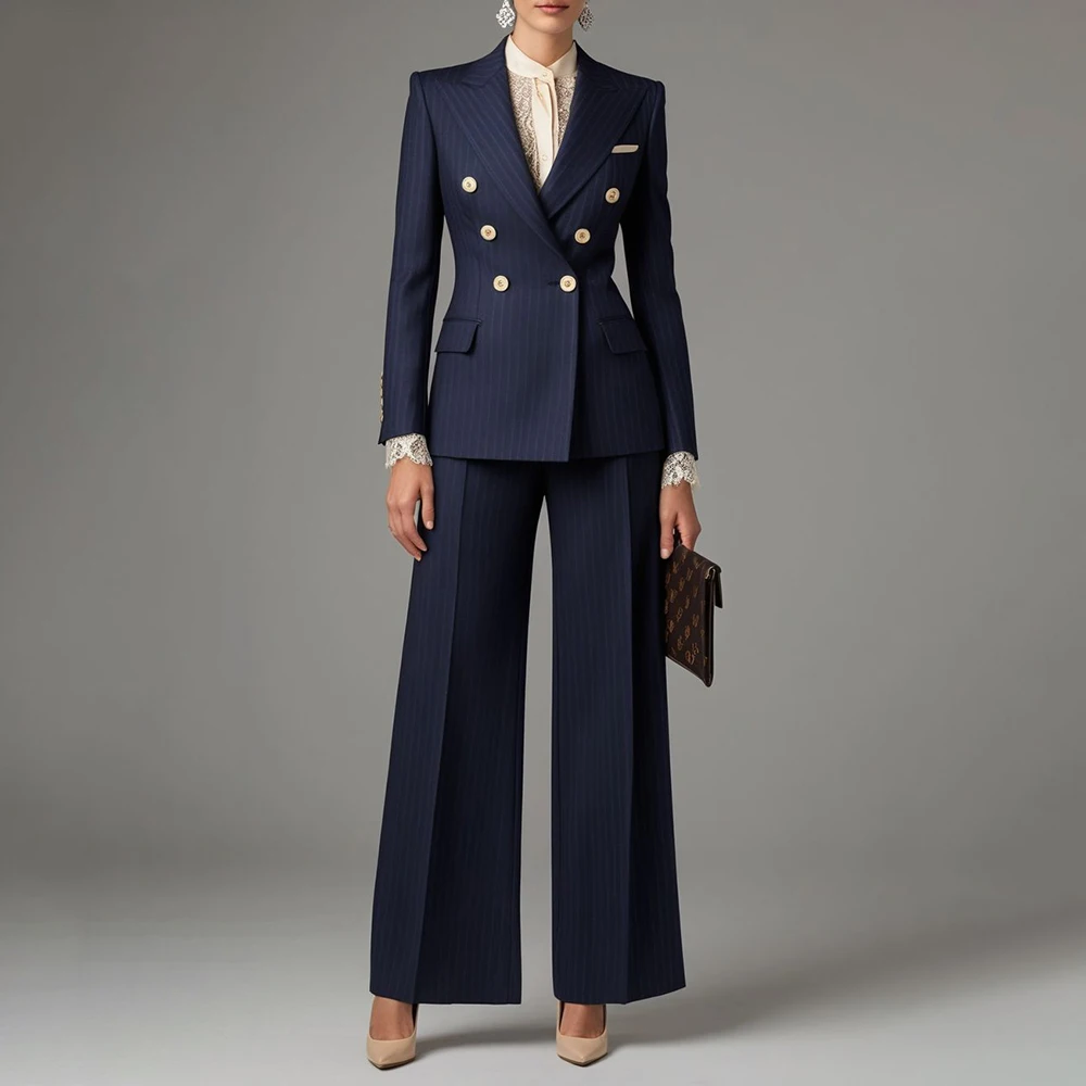 

Professional Striped Suit Sets for Women Wide Peaked Lapel 2 Piece(Jacket+Pants) Breathable Work Attire Interview Outfit